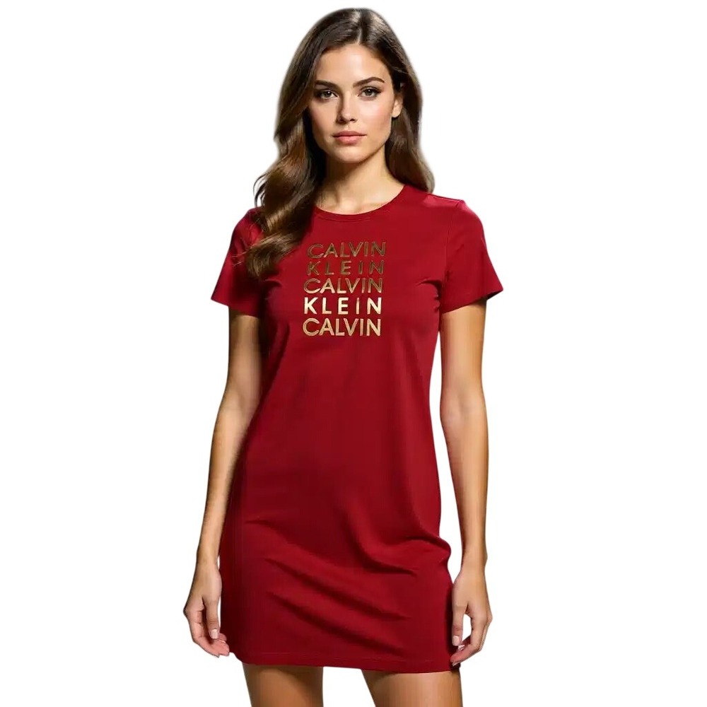 Calvin Klein Womens Red Metallic Gold‎ Logo T-Shirt  Dress CDBA3206 Size Md NWT